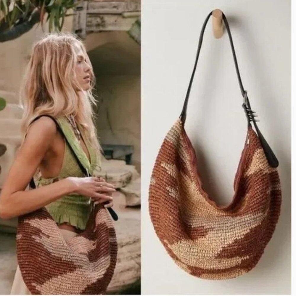 Free People NEW Santorini Straw Tote Bag Neutral Raffia Leather NWOT Slouchy Bag